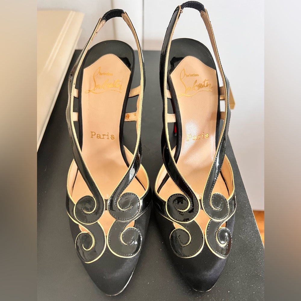 Christian Louboutin Black Satin Patent Lthr Guizine Slingback Pumps 38 Vintage
